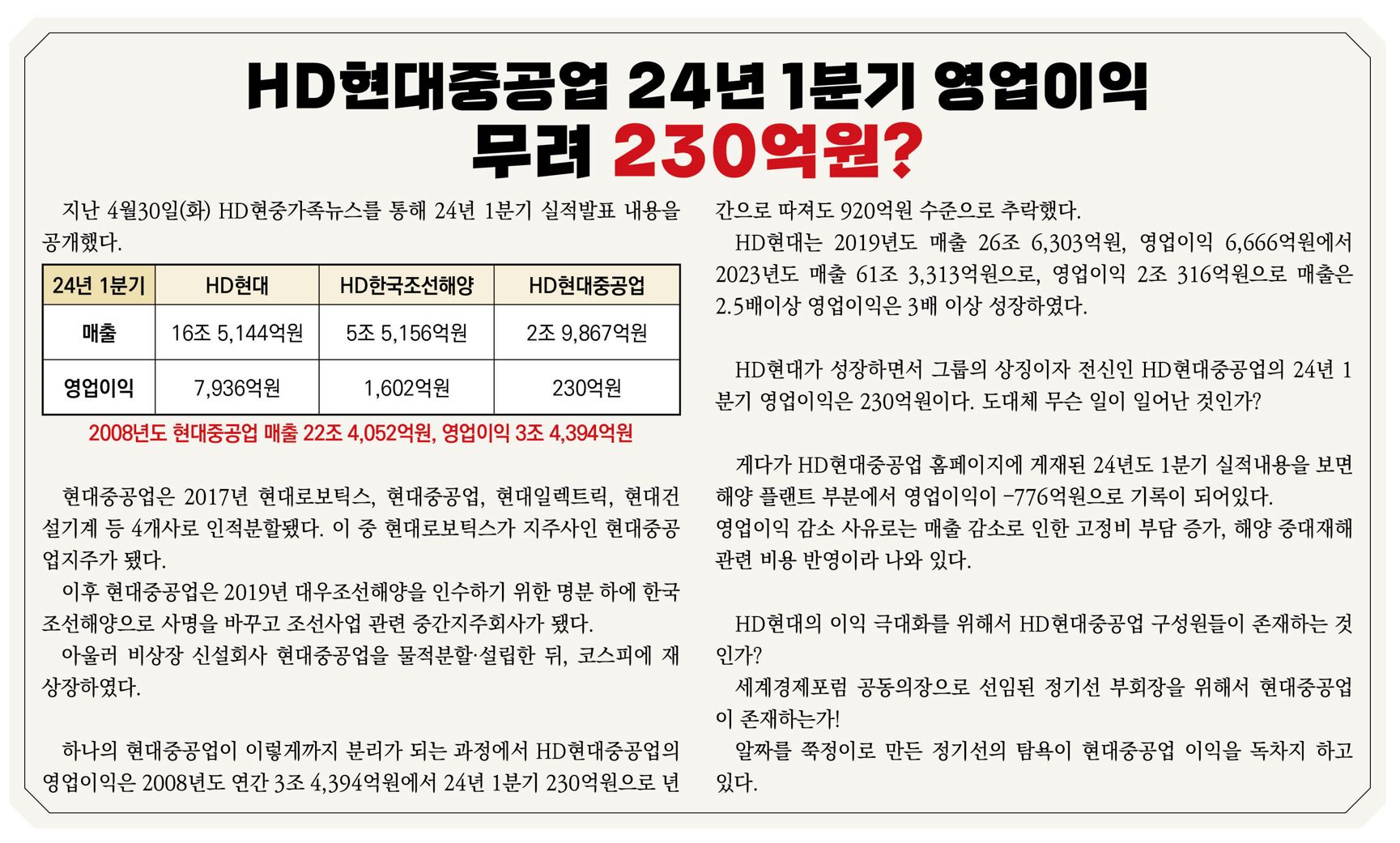 HD현대중공업 24년 1분기 영업이익 무려 230억원? - 민주항해 - 전국금속노동조합 현대중공업지부